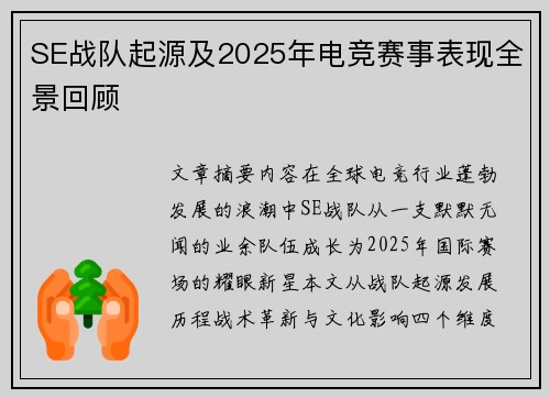 SE战队起源及2025年电竞赛事表现全景回顾