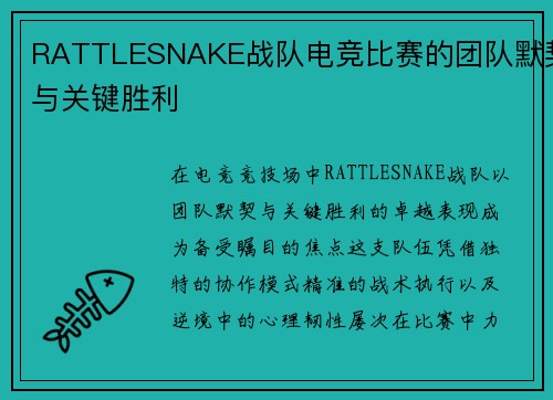 RATTLESNAKE战队电竞比赛的团队默契与关键胜利